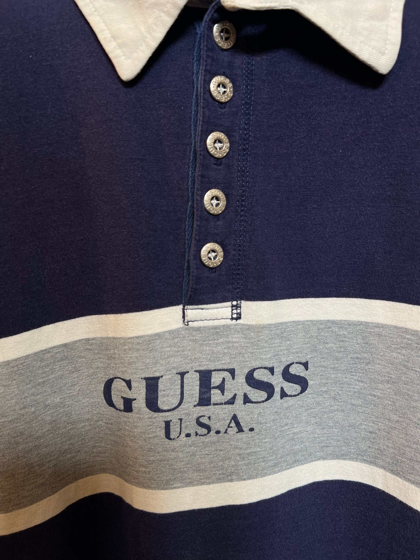 Guess Mens Navy Striped Rugby Polo (Size XL)