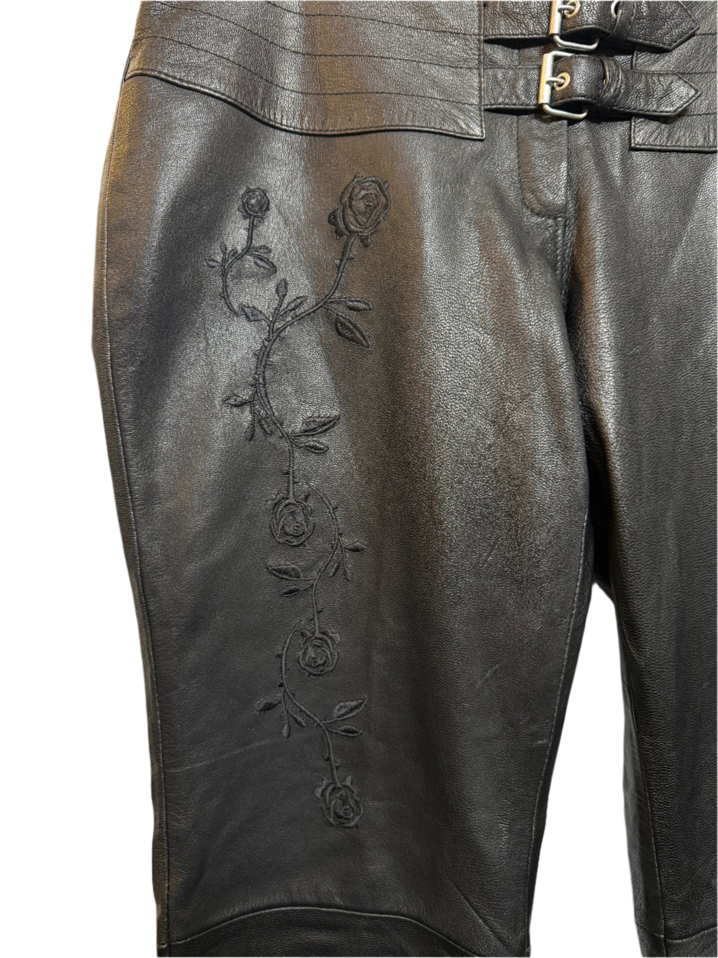 Faux Leather Black Floral Trousers (35x27)