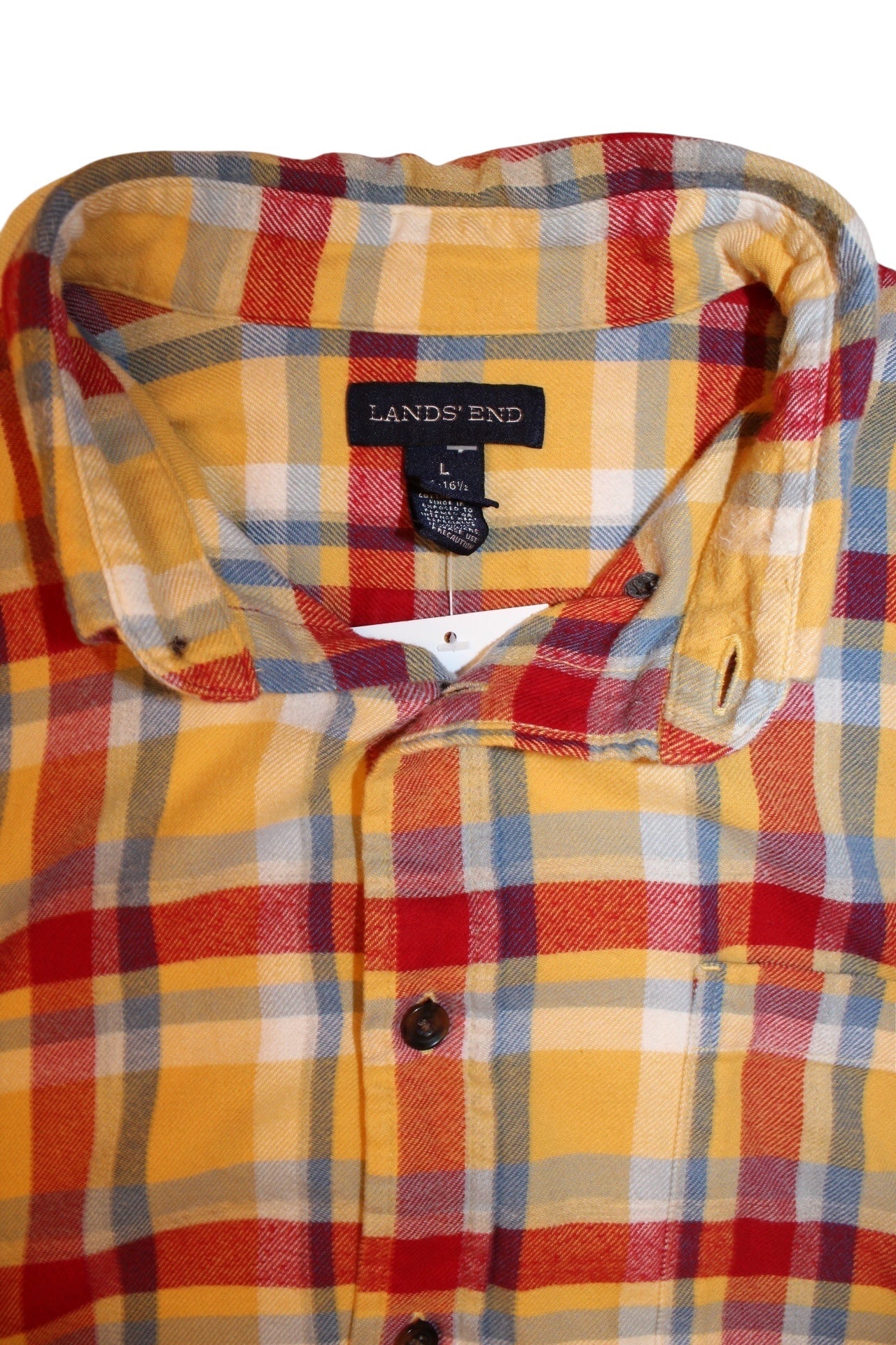 Lands' End Mens Yellow Plaid Flannel Shirt (Size L)
