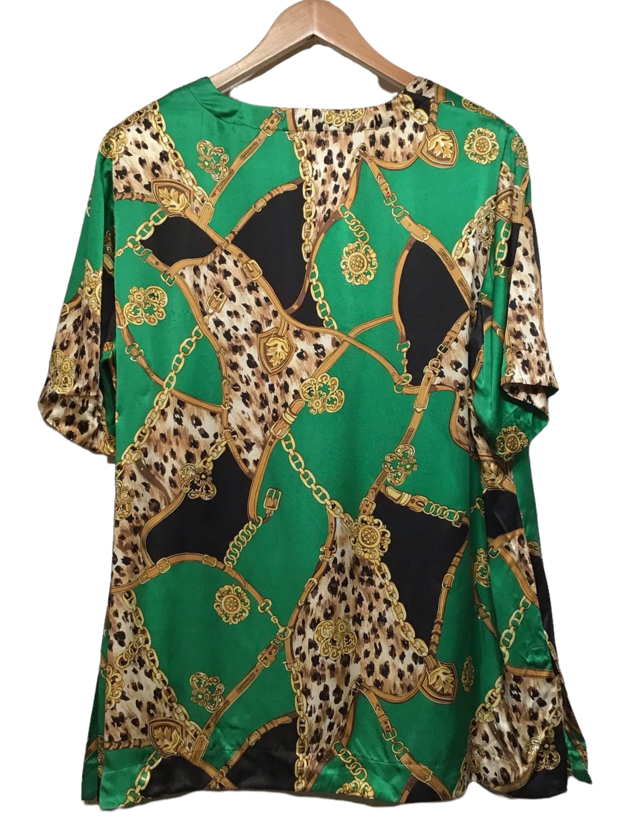 Patterned Short Sleeve Satin Blouse (Size XXL)