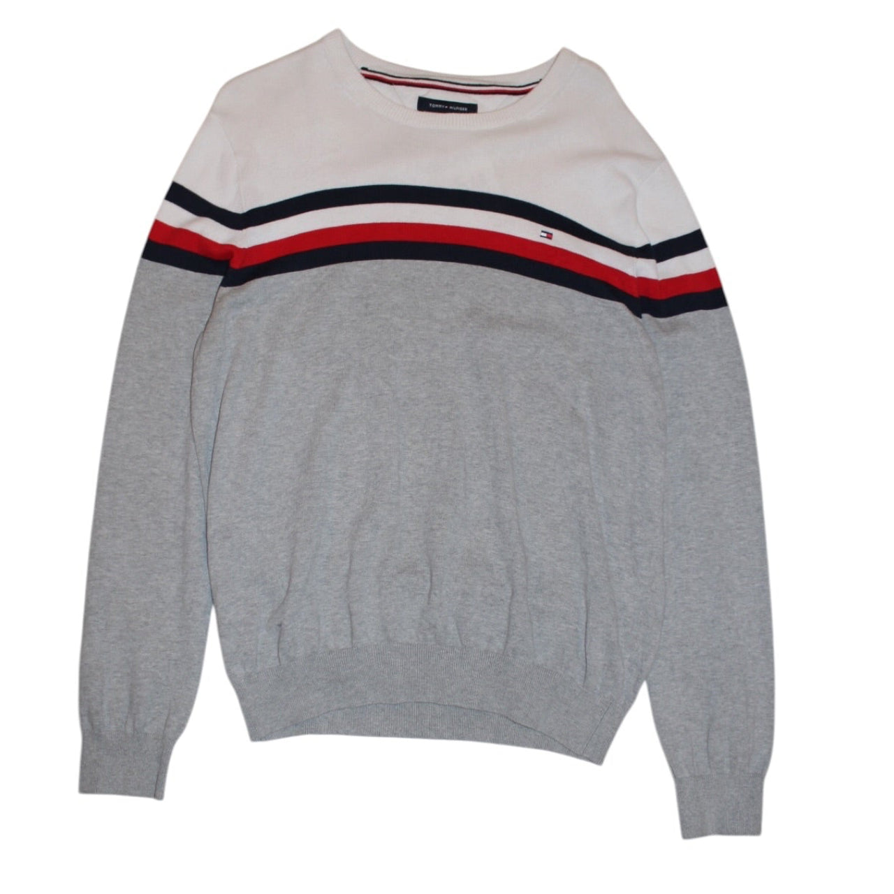 Tommy Hilfiger White Grey Striped Sweater (Size L)