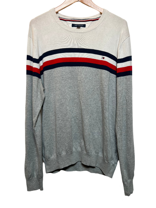 Tommy Hilfiger White Grey Striped Sweatshirt (Size L)