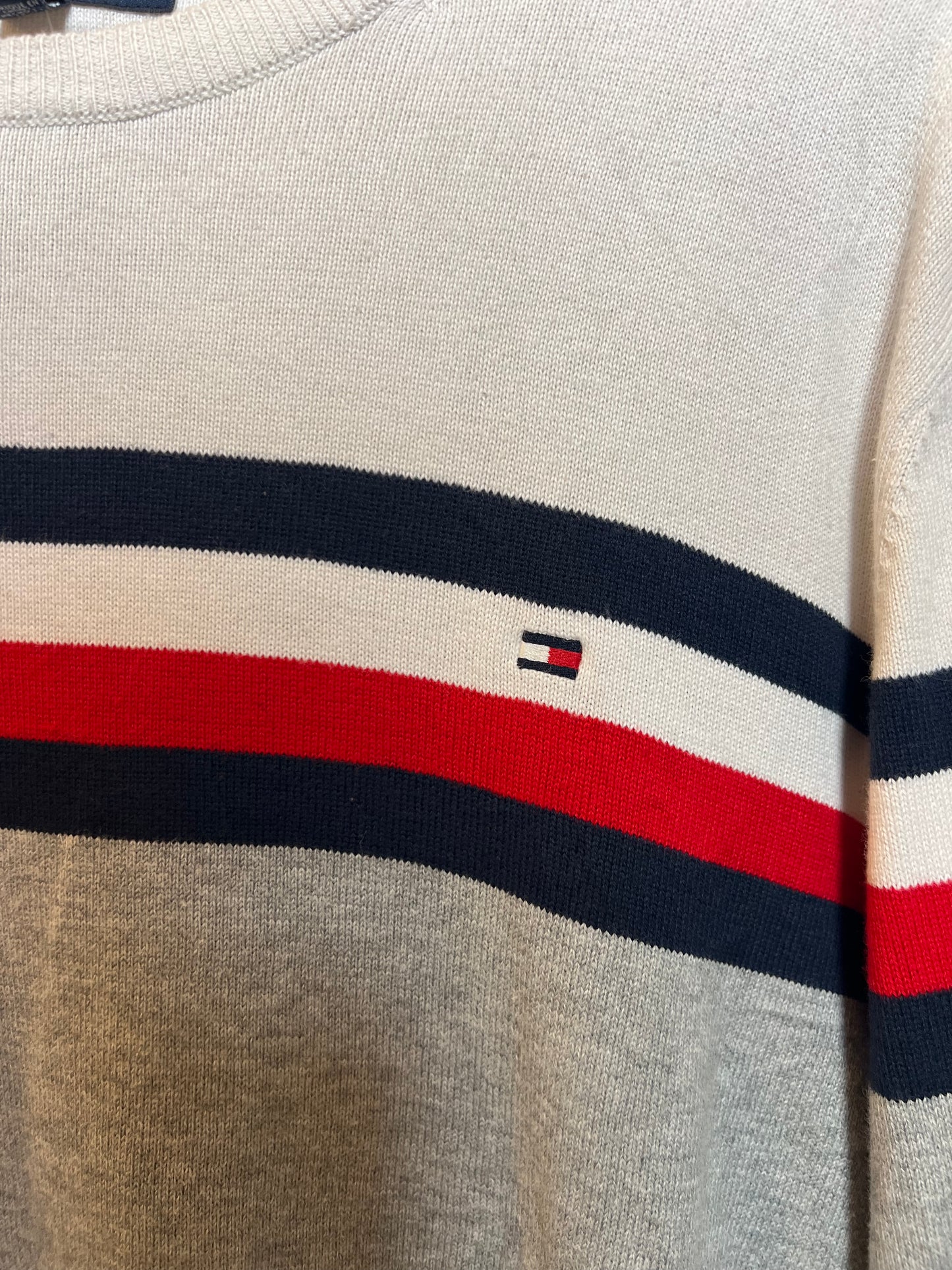 Tommy Hilfiger White Grey Striped Sweatshirt (Size L)