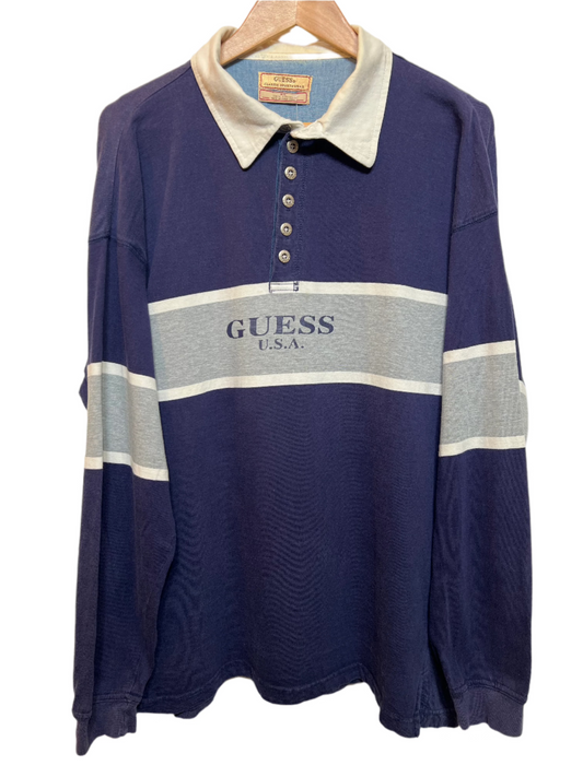 Guess Mens Navy Striped Rugby Polo (Size XL)