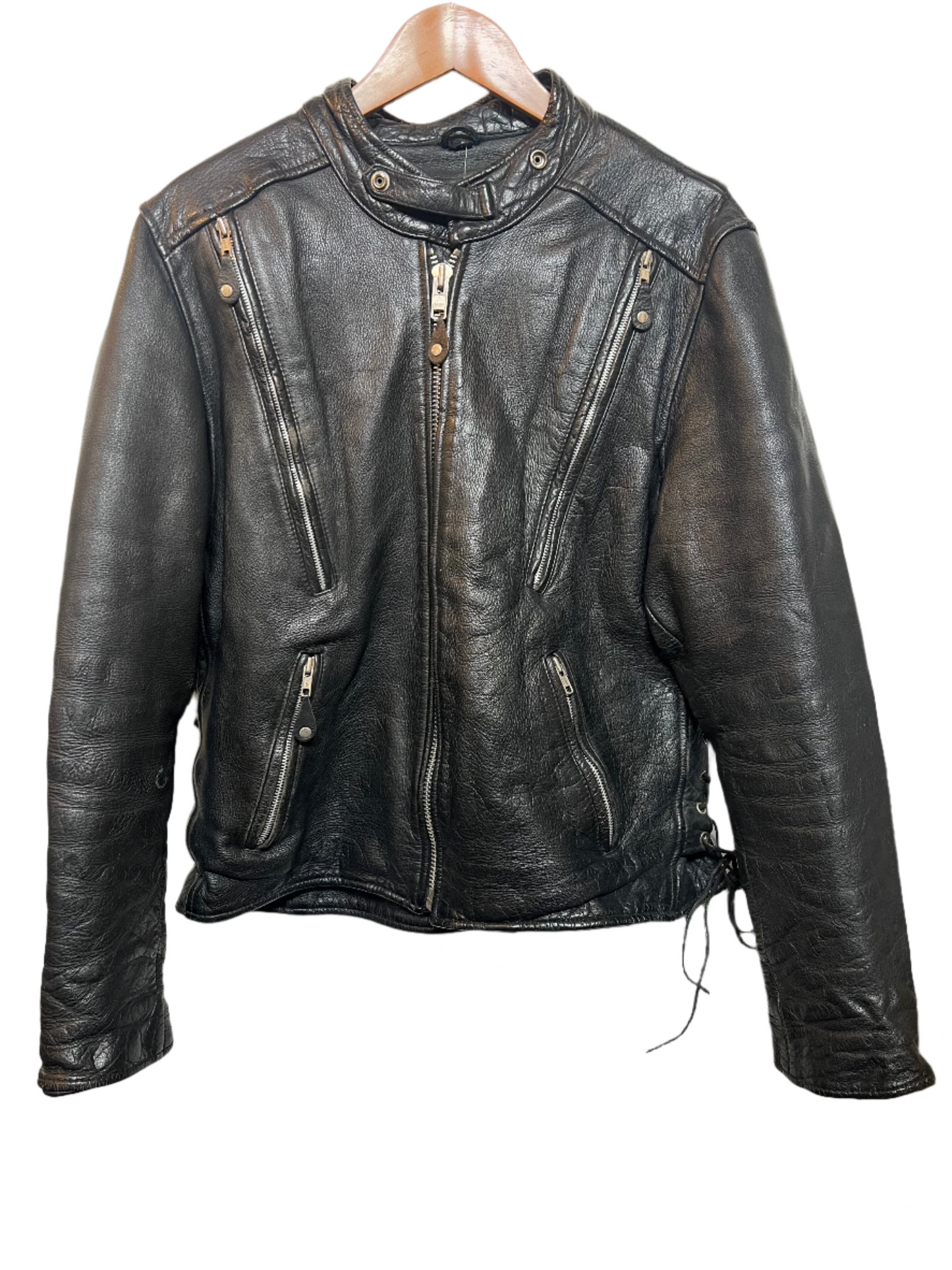 Black Leather Biker Jacket (Size L)