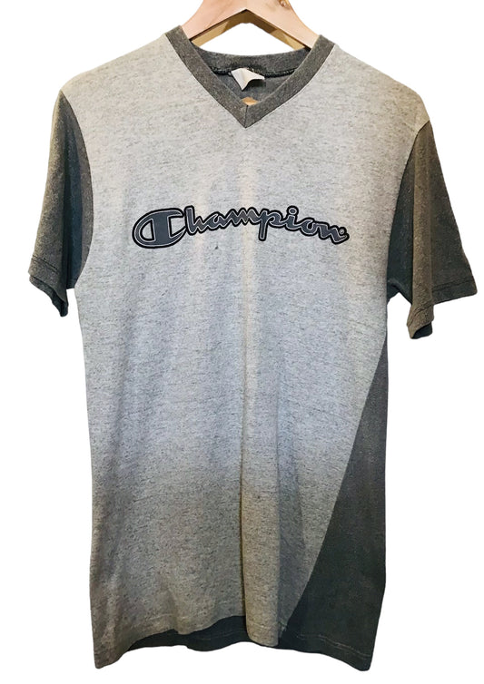 Champion V Neck Short Sleeve Two Tone Grey T Shirt (Size S)