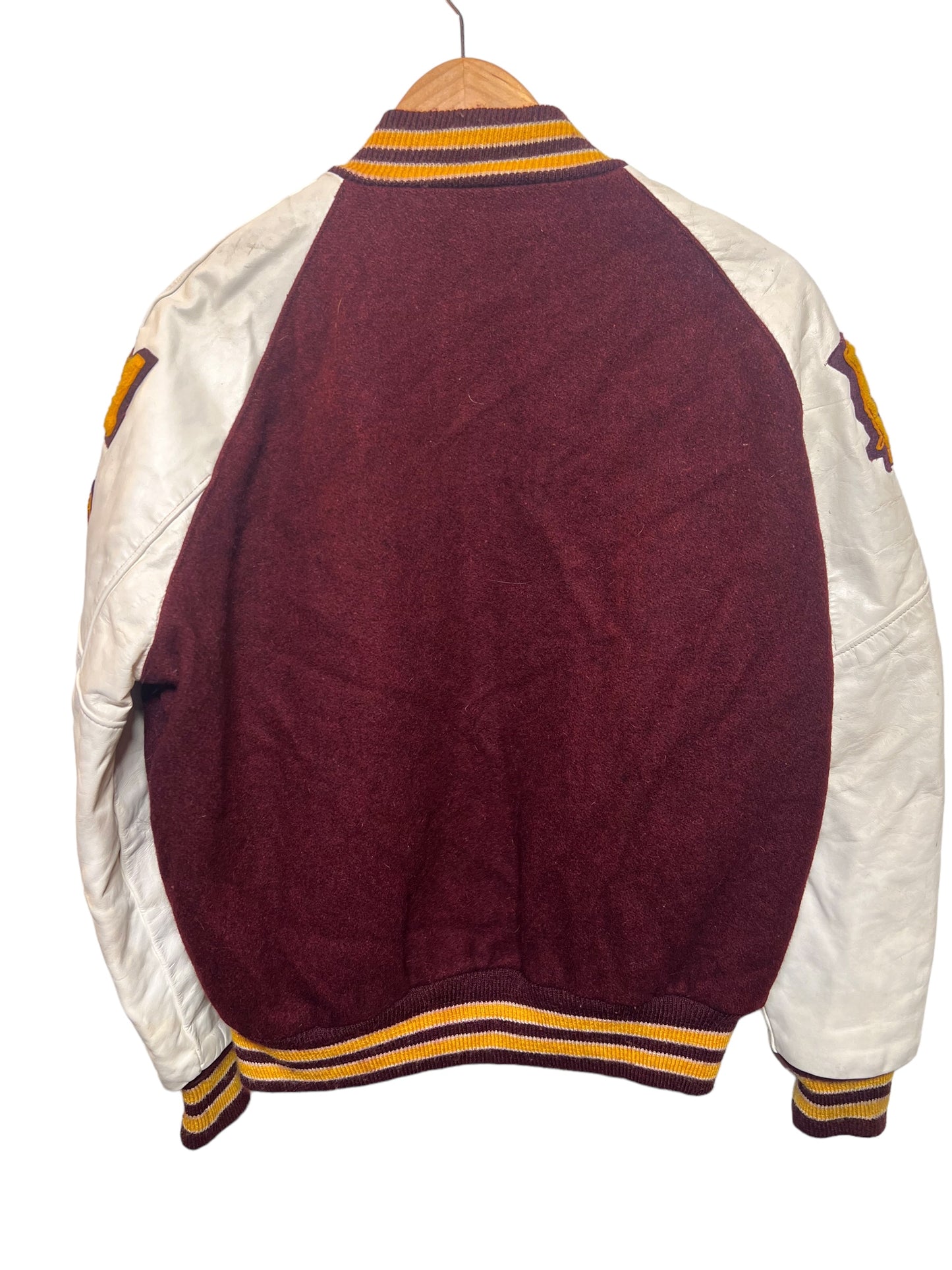 DeLong Burgundy White Varsity Jacket (Size M)