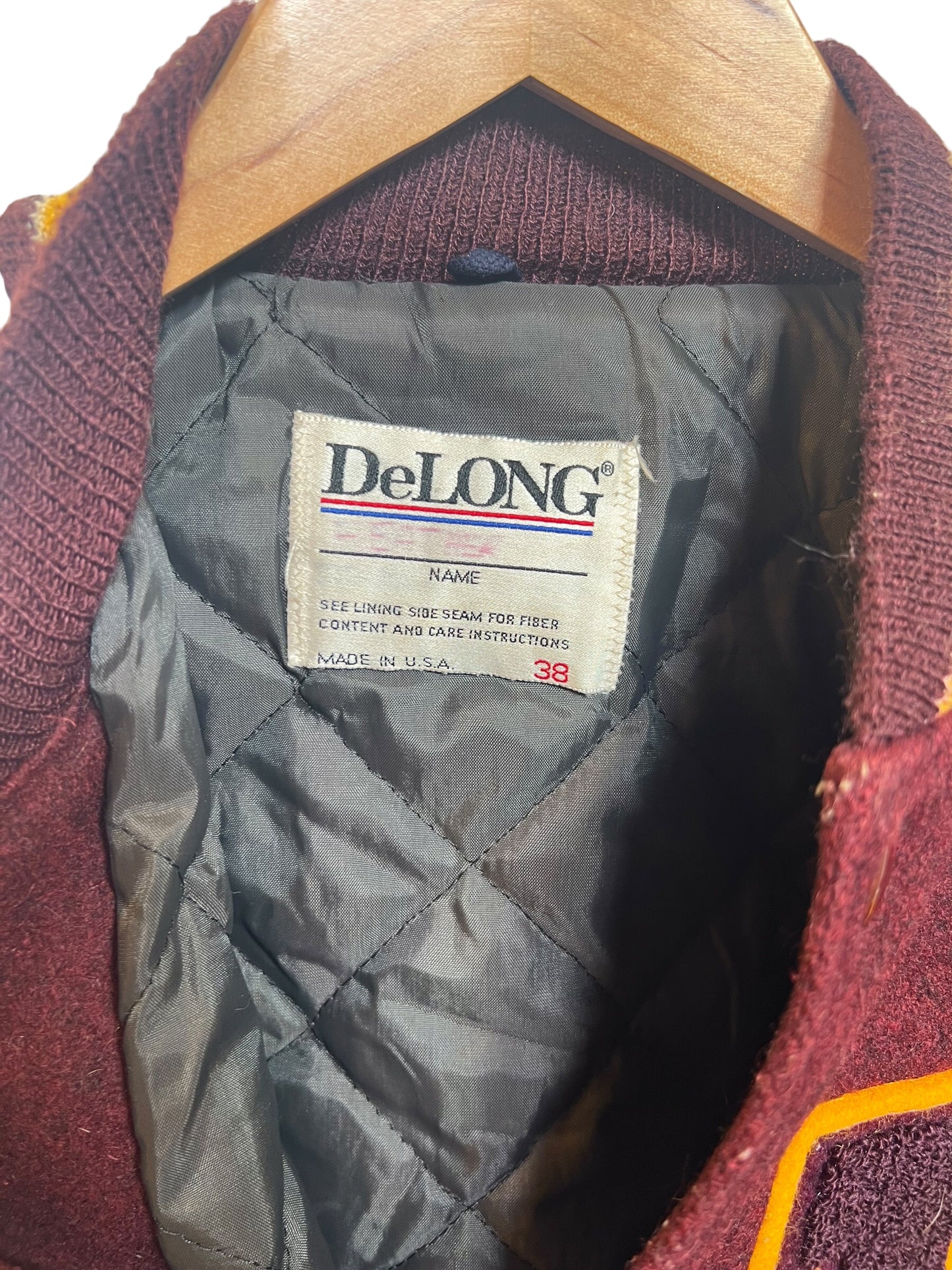 DeLong Burgundy White Varsity Jacket (Size M)