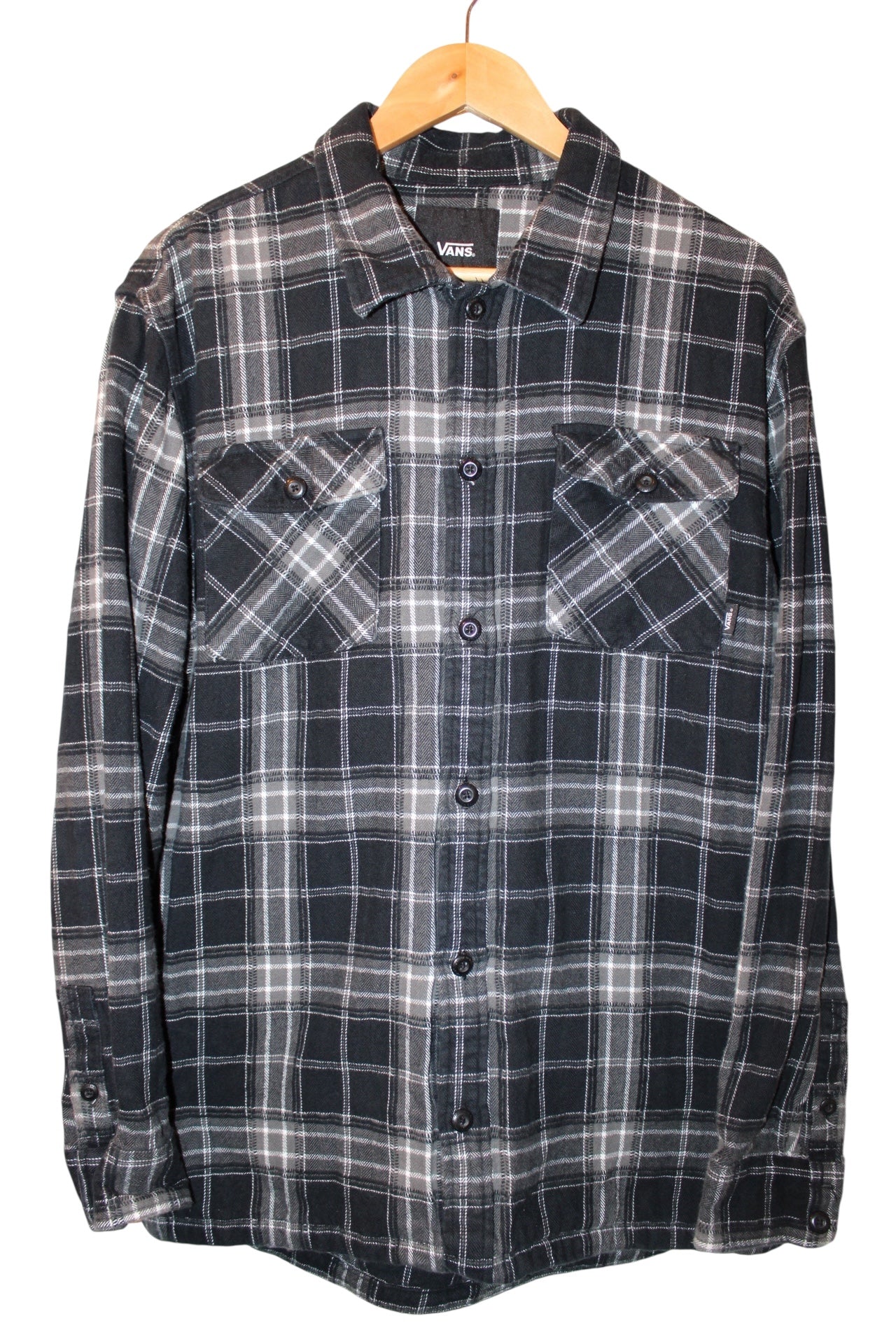 Vans Mens Black Plaid Flannel Shirt (Size XL)