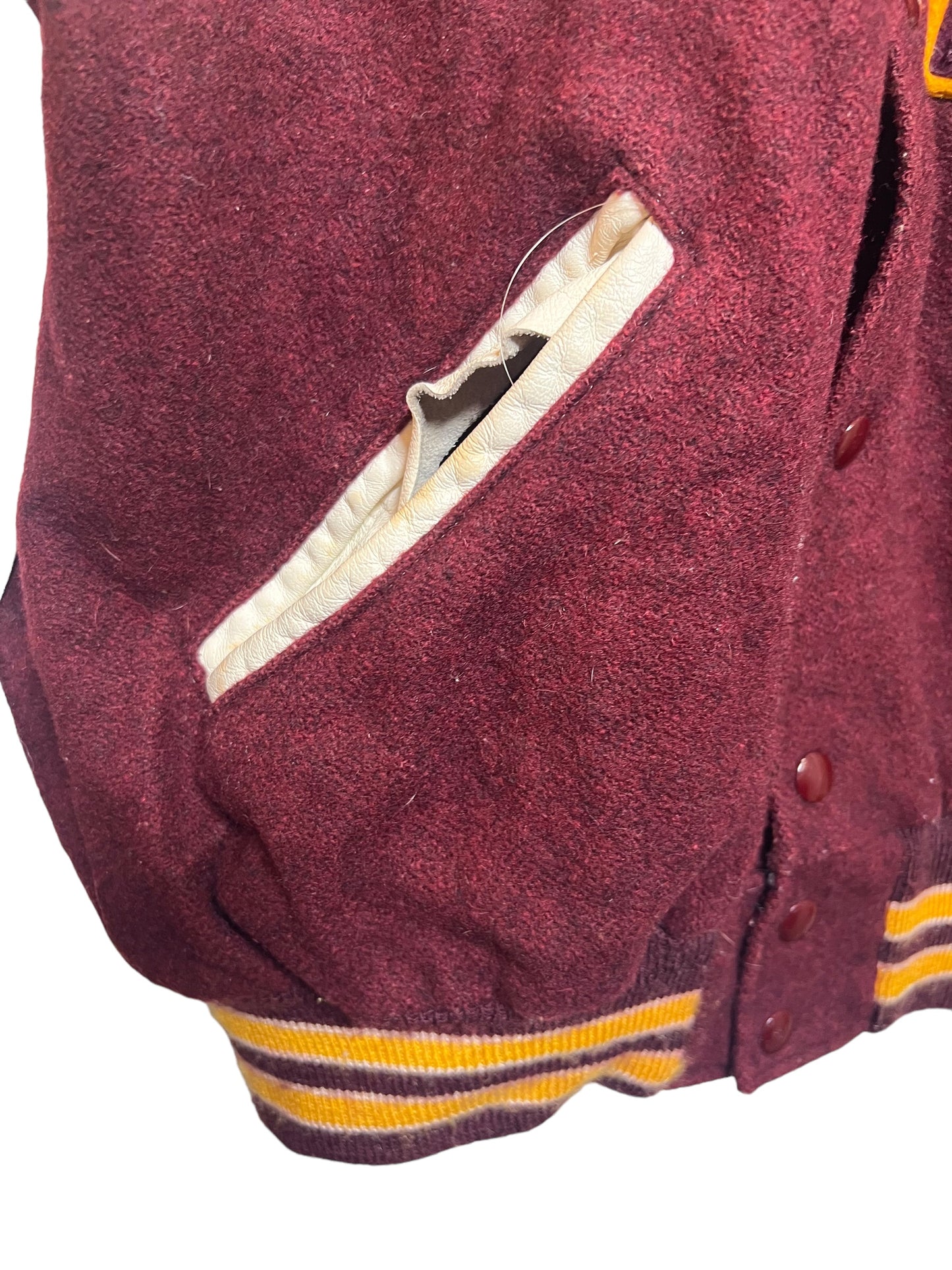 DeLong Burgundy White Varsity Jacket (Size M)