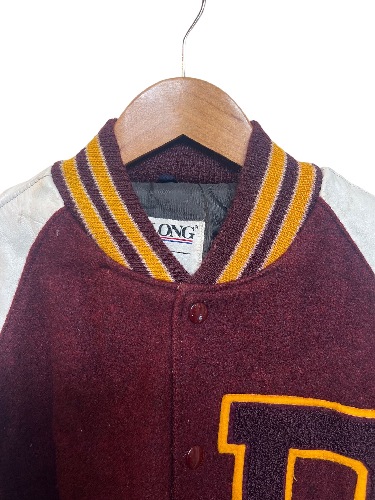 DeLong Burgundy White Varsity Jacket (Size M)