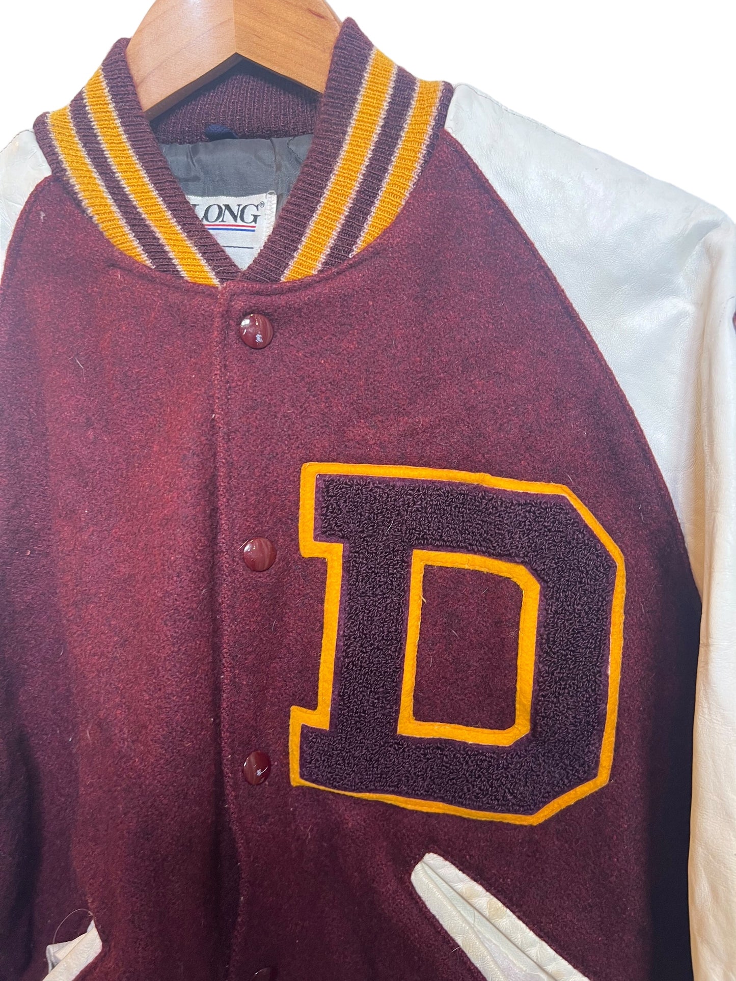 DeLong Burgundy White Varsity Jacket (Size M)