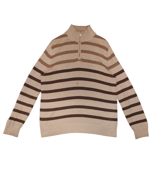 Tommy Hilfiger Mens Tan Striped Quarter Zip (Size L)