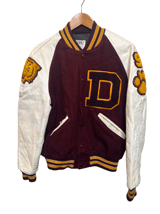 DeLong Burgundy White Varsity Jacket (Size M)