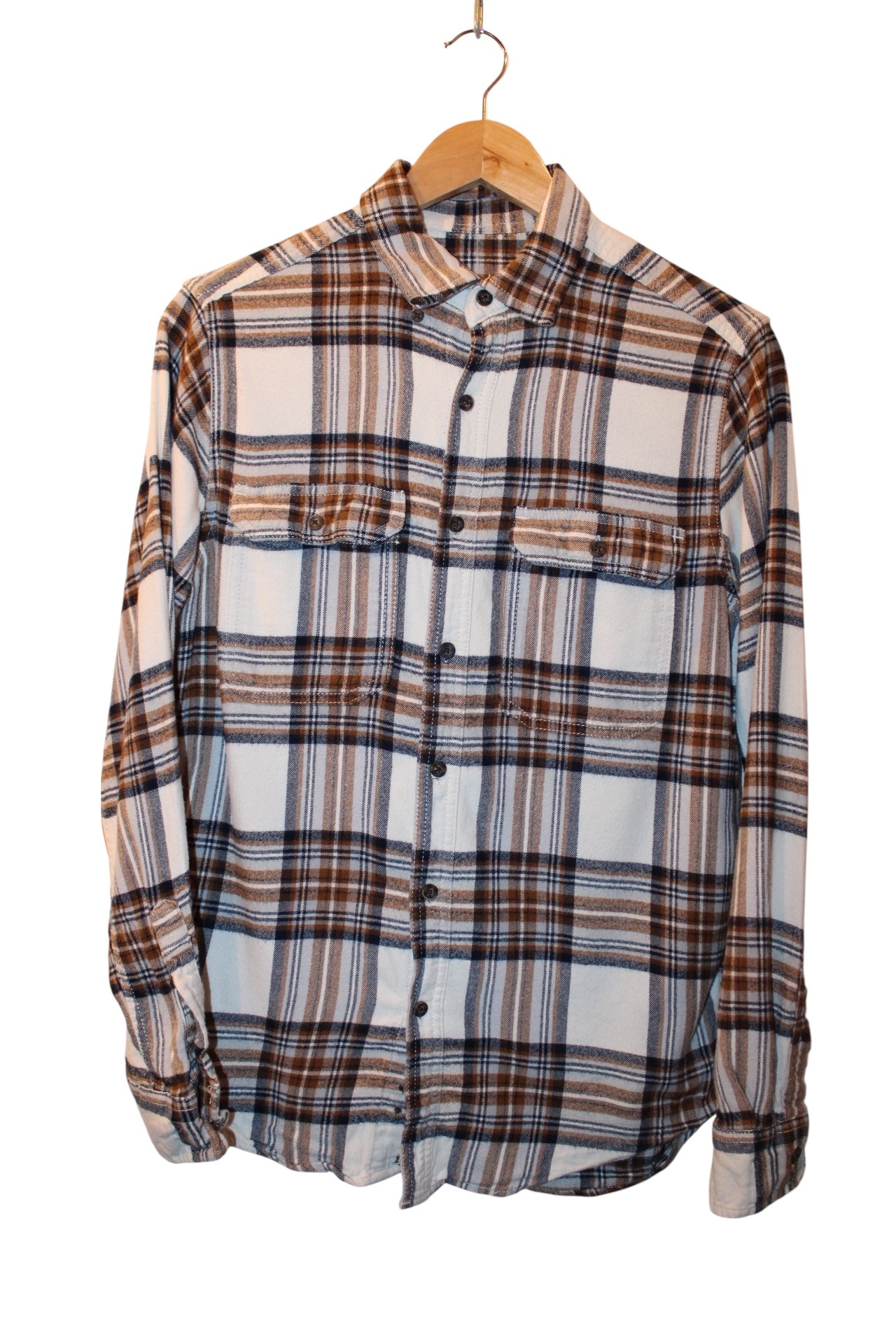 Plaid Brown Mens Flannel Shirt (Size S)