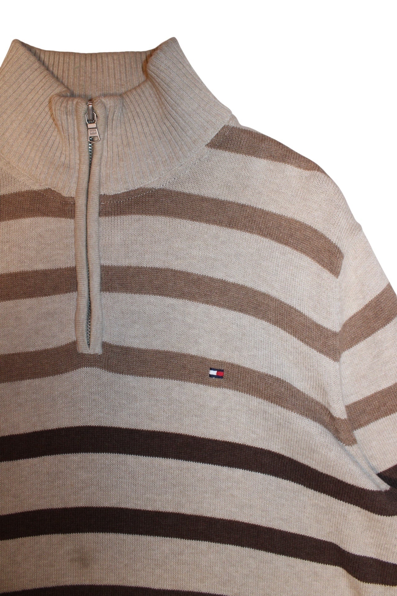 Tommy Hilfiger Mens Tan Striped Quarter Zip (Size L)
