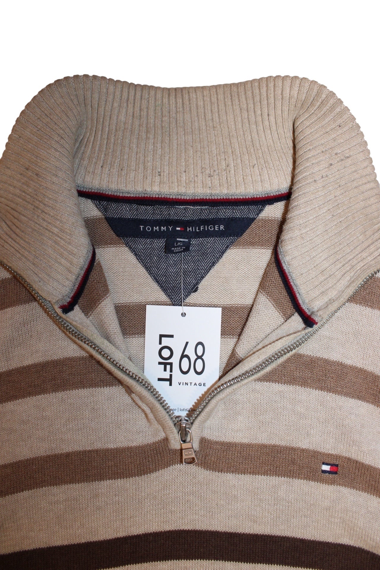 Tommy Hilfiger Mens Tan Striped Quarter Zip (Size L)
