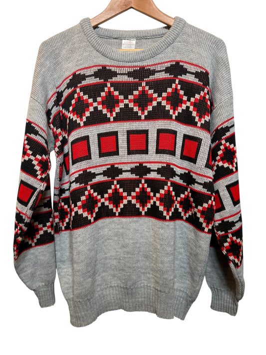 Grey Aztec Patterned Knitted Sweater (Size L)