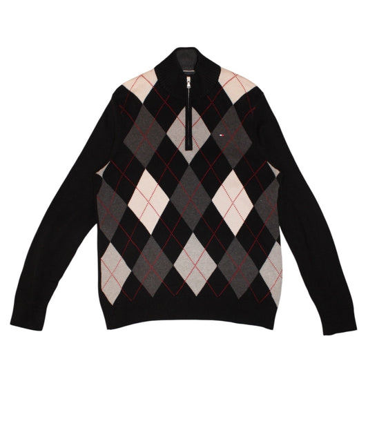 Tommy Hilfiger Mens Black Argyle Quarter Zip (Size M)