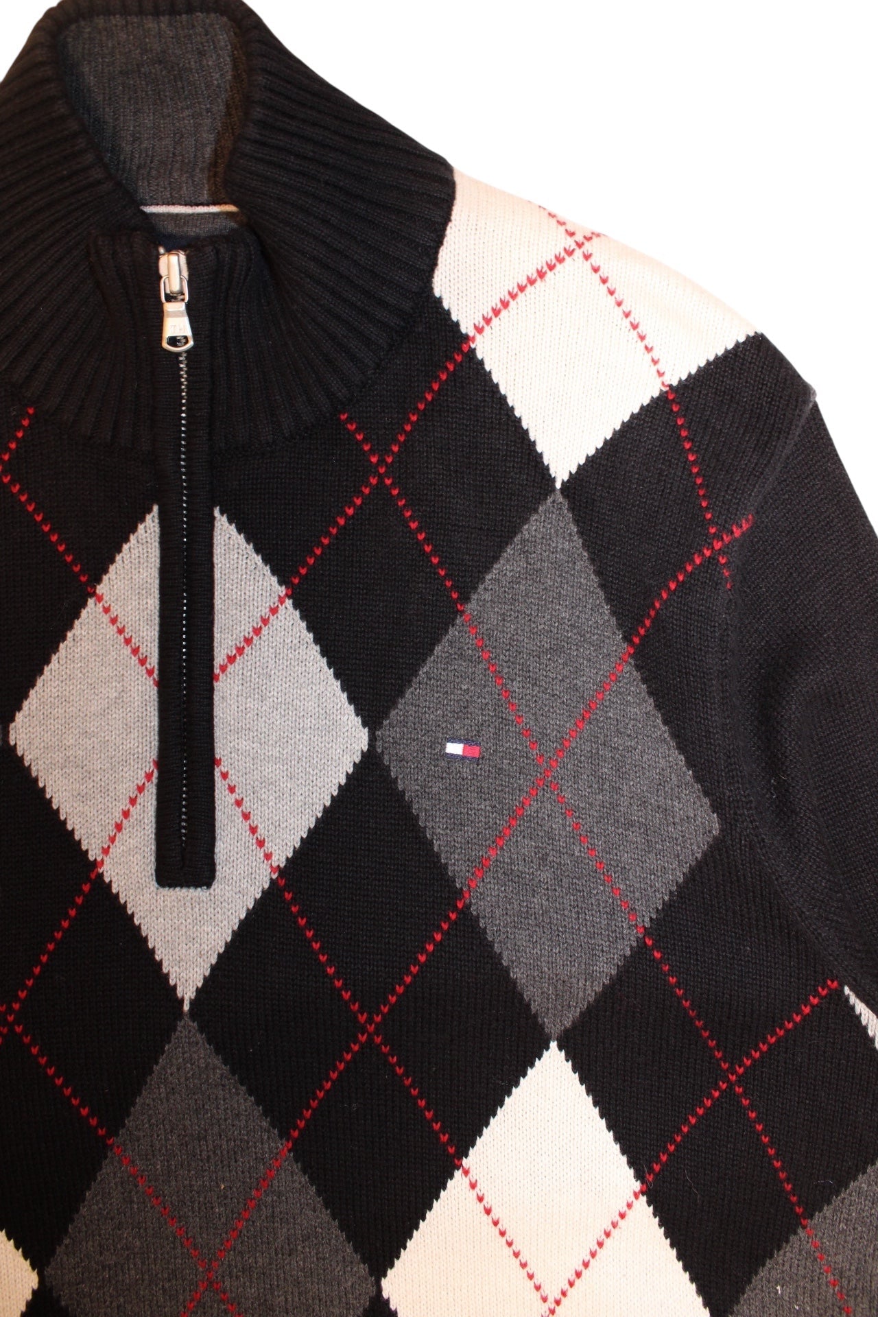 Tommy Hilfiger Mens Black Argyle Quarter Zip (Size M)