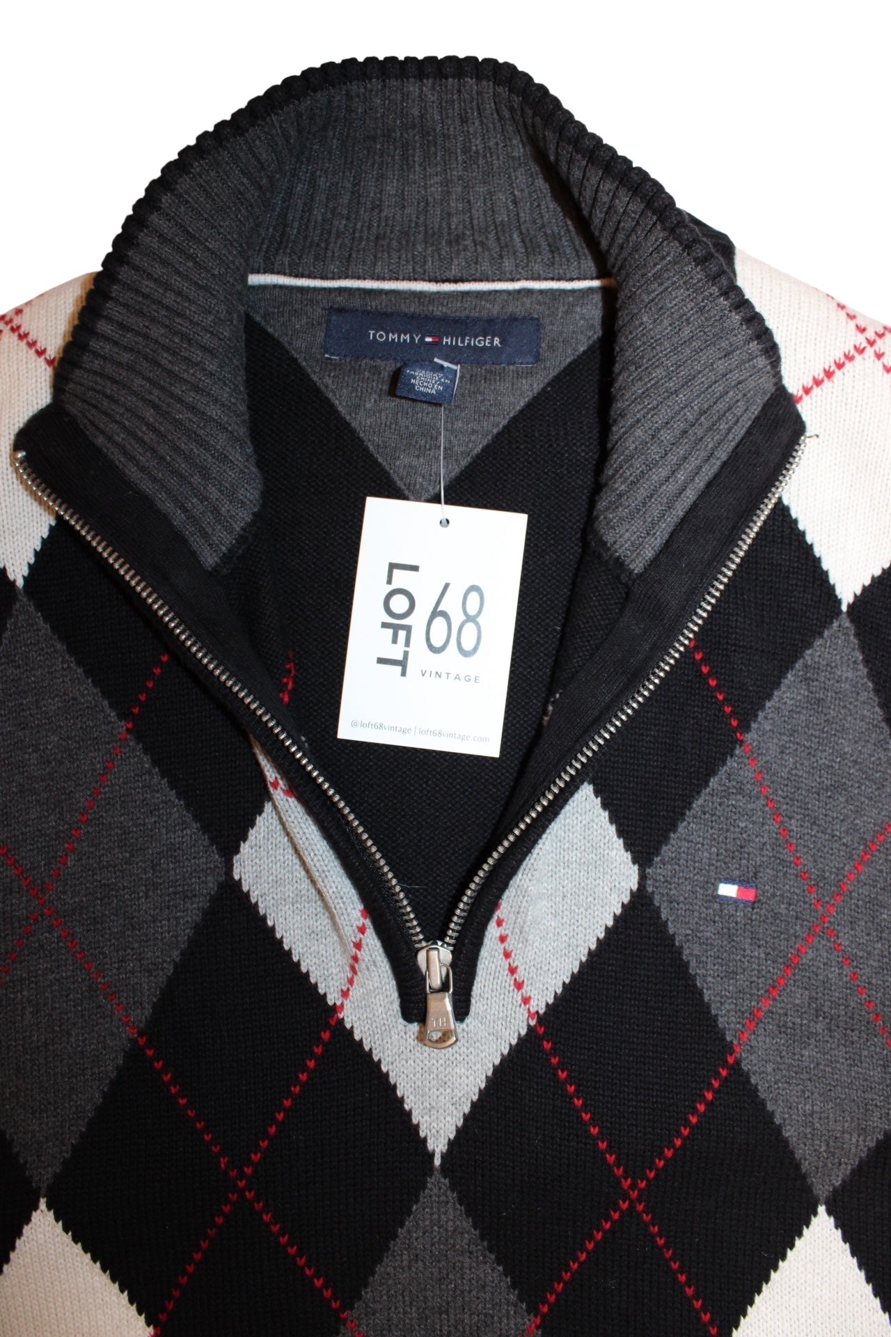 Tommy Hilfiger Mens Black Argyle Quarter Zip (Size M)