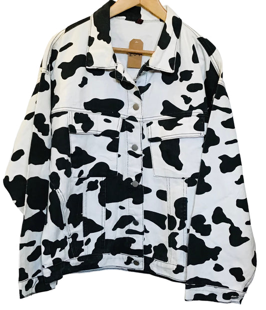 Cow Print Denim Jacket (Size L)