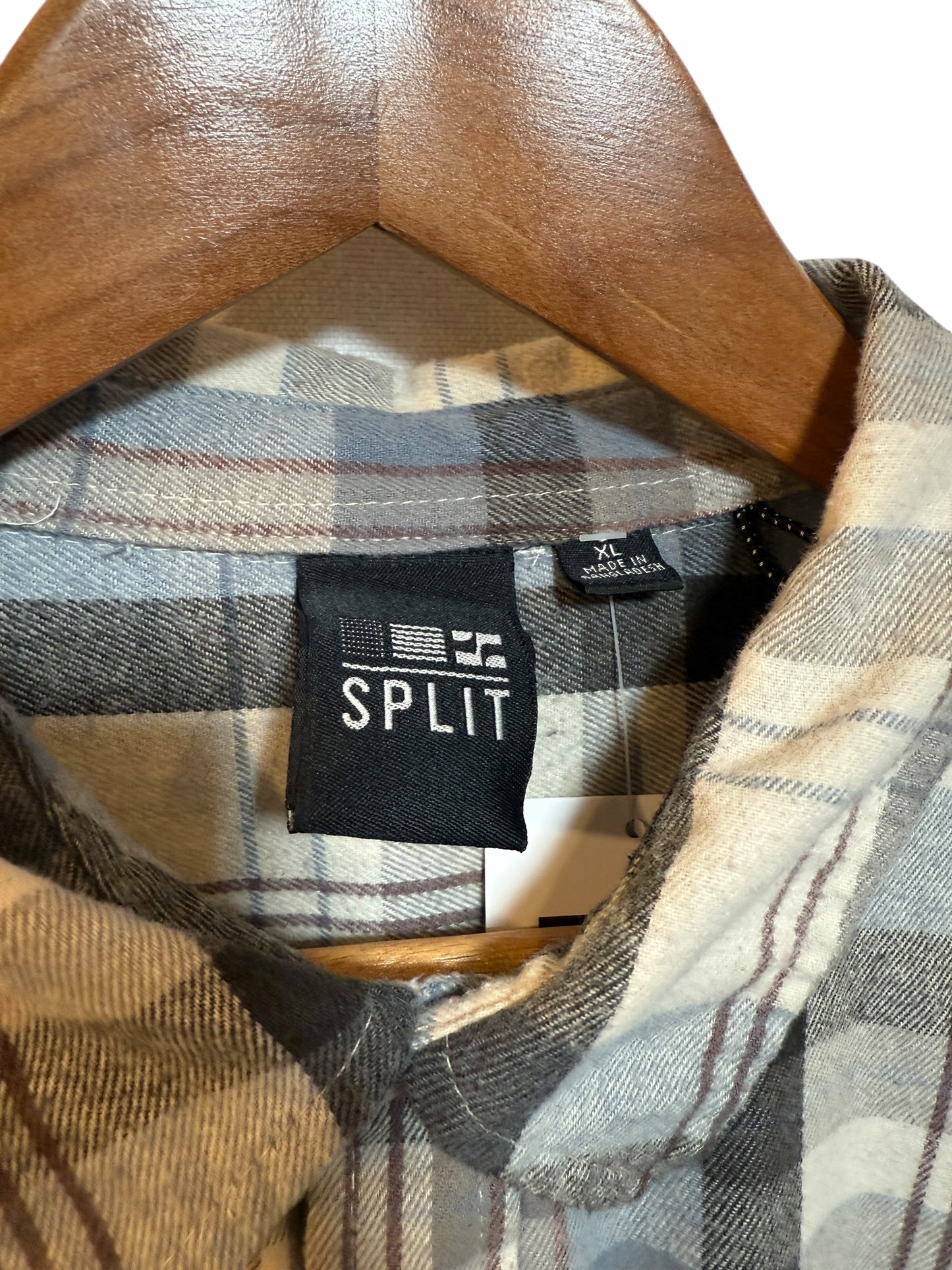 Split Mens Blue White Plaid Flannel Shirt (Size XL)