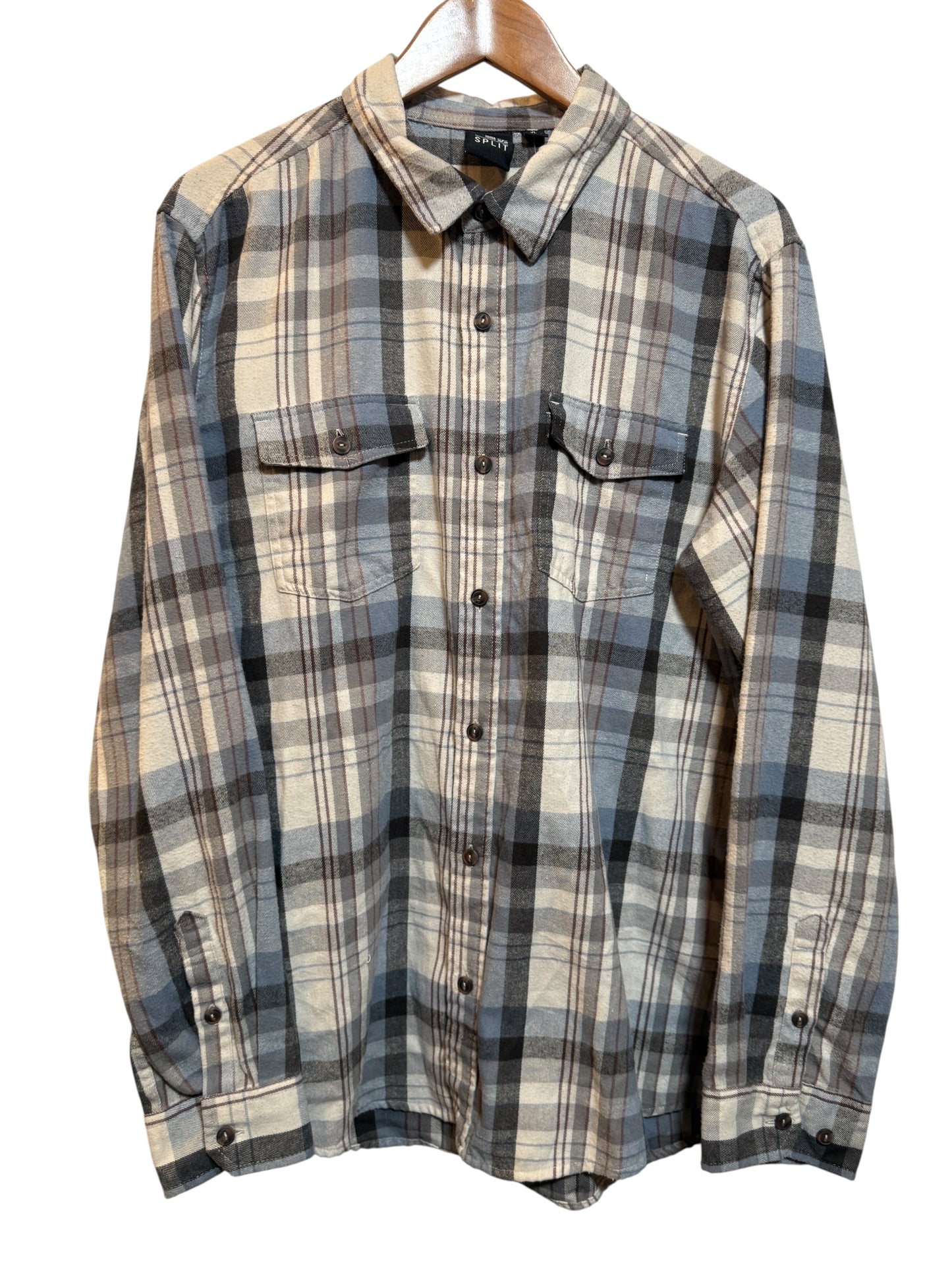 Split Mens Blue White Plaid Flannel Shirt (Size XL)