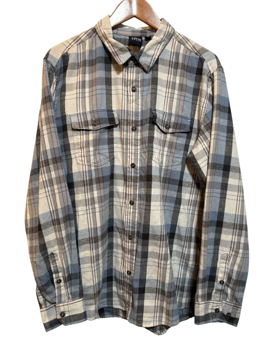 Split Mens Blue White Plaid Flannel Shirt (Size XL)