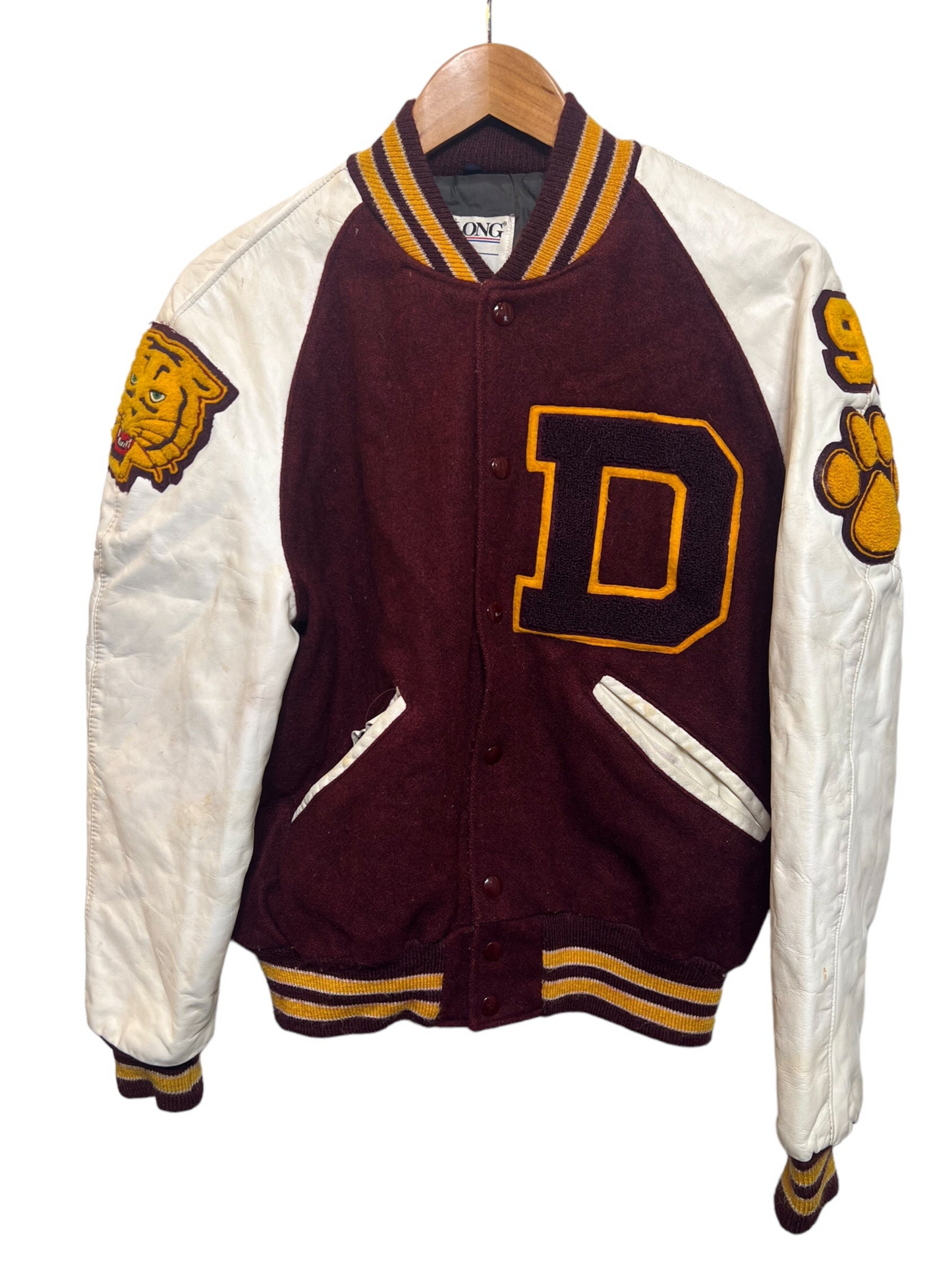 DeLong Burgundy White Varsity Jacket (Size M)